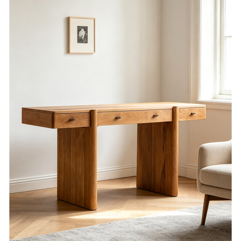 Bureau d'écriture en bois massif de style Mid-Century avec 3 tiroirs, H 29,13 po x l 47,24 po x P 21,65 po