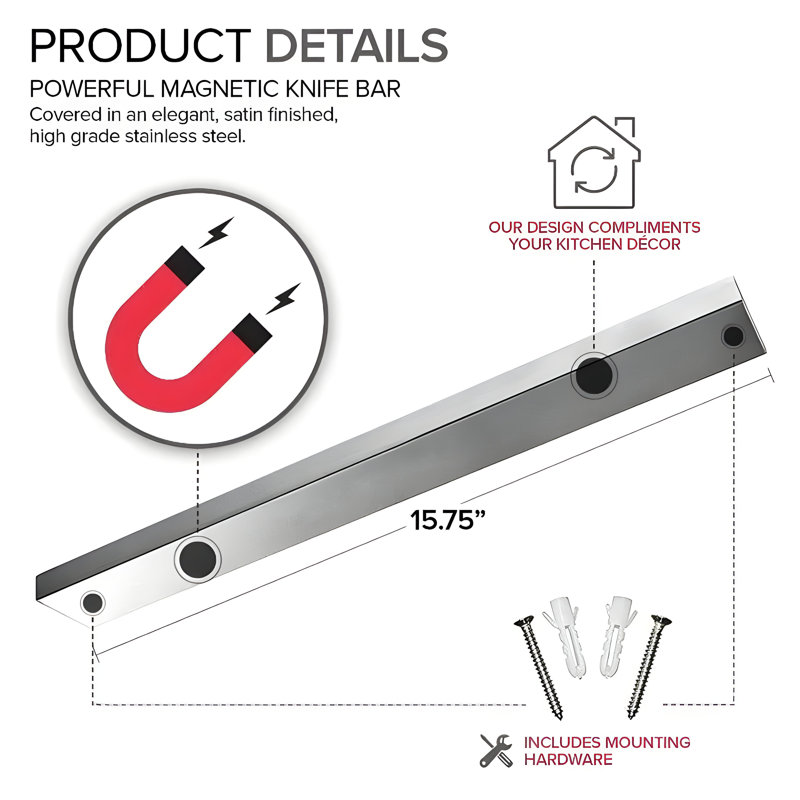 16" Stainless Steel Magnetic Knife Bar - Knife Holder, Tool & Art Supply Organizer