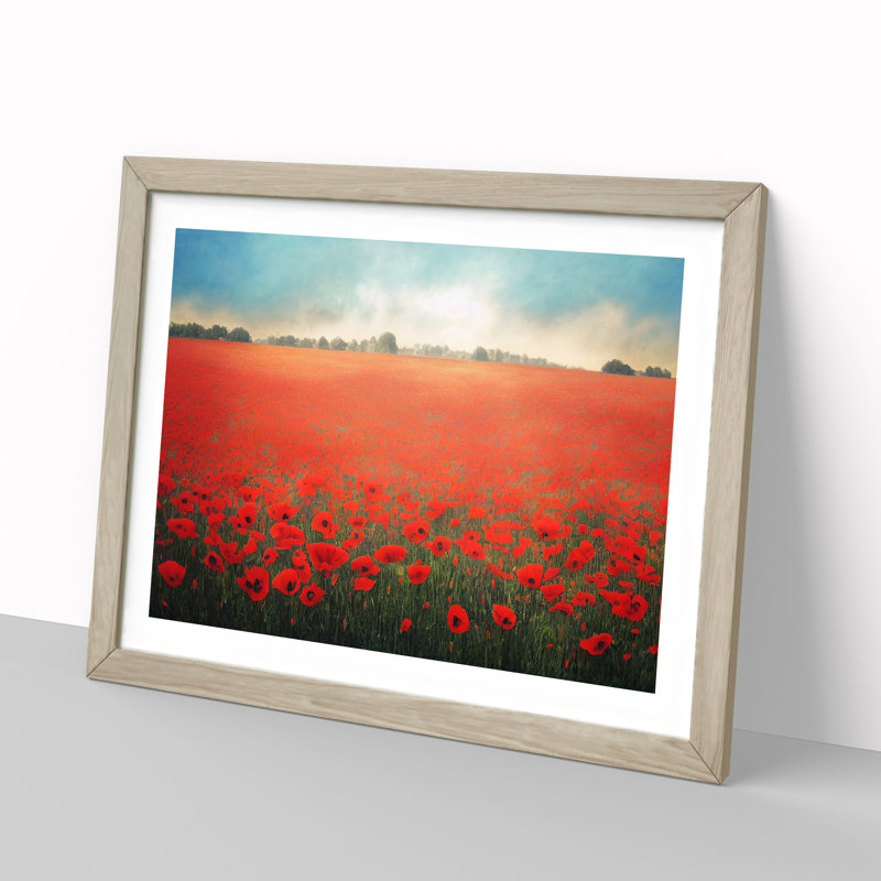 Vibrant Poppies Flowers - Framed Print, 46cm H x 64cm W x 2cm D, Oak