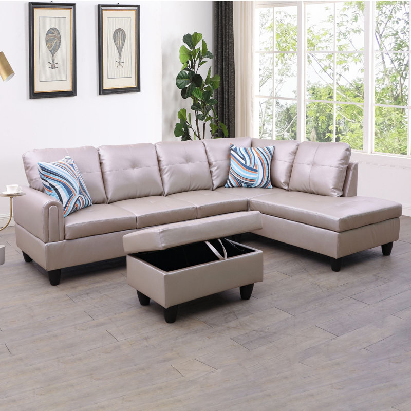 Canapé modulaire 3 pièces Jayzen, Orienté à droite, Similicuir latté, Noir, noir, noir, noir