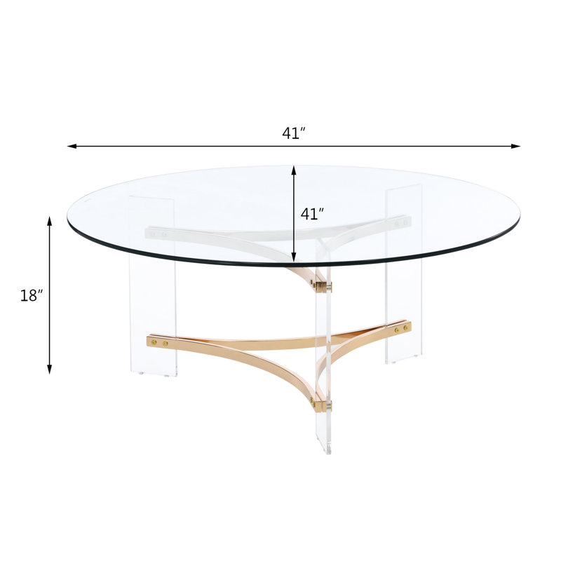Gold Finish Coffee Table, Boasting A Contemporary Round Tempered Glass Top (10mm), Supported By Unique Triangular Metal Frame And Acrylic Base, Versatile For Different Spaces, Easy To Wipe Clean