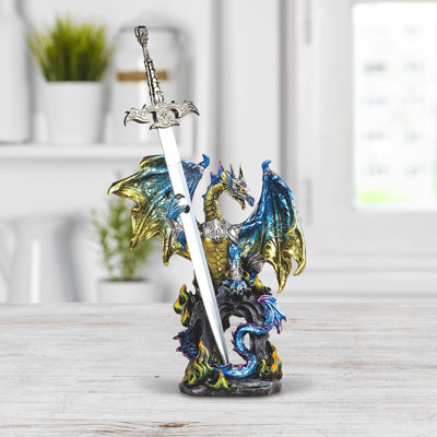 Figurine H 15 "de dragon bleu avec épée sur arche, fantaisie, cadeaux parfaits, décoration de maison / chambre