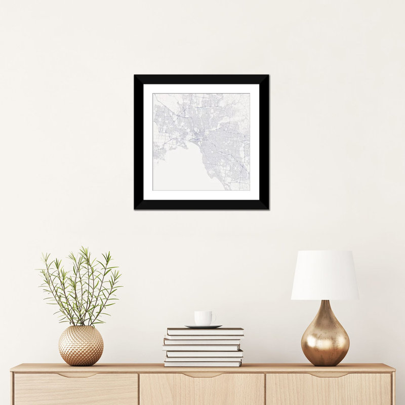 « melbourne chaussée », impression sur toile tendue, H 16 po x l 16 po x P 1 po, Papier d'art encadré noir, Blanc