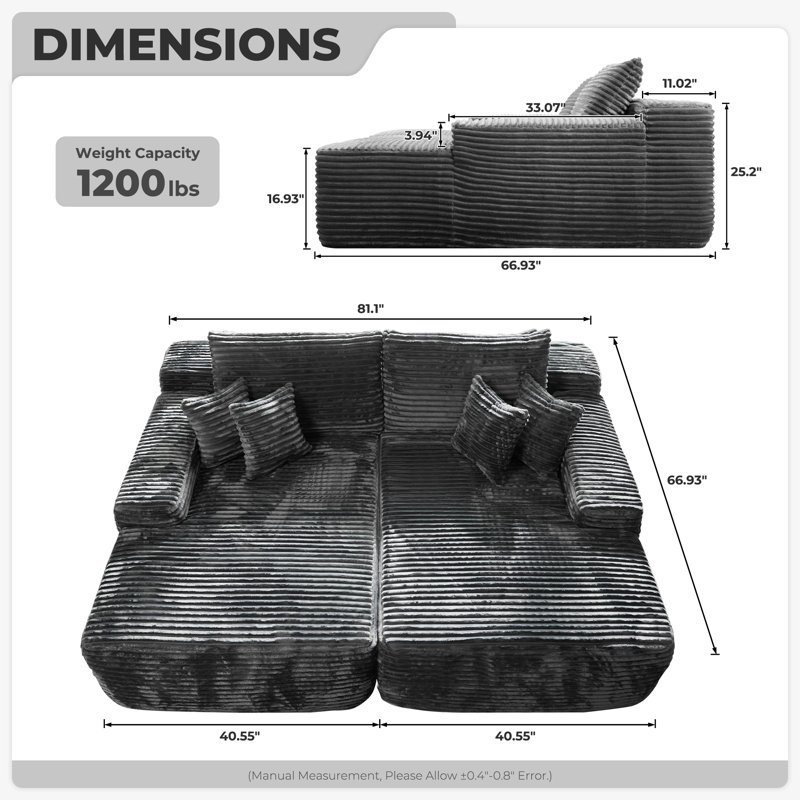 81" sleeper sectional, Modular Sectional Sofa Bed, Double Lounge Chaise, Cloud Plush Sofa Bed, No Assembly Required, Gray