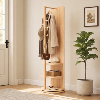 Miroir pleine longueur pivotant à 360° de 66 pouces, porte-manteau sur pied en bois massif avec crochets