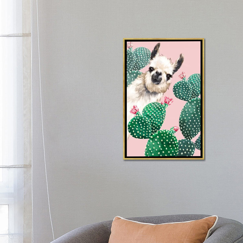 Art du lama et du cactus, H 26 po x l 18 po x P 1,5 po, Toile encadrée d'or