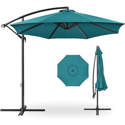 Parasol de marché suspendu 10 pi avec ajustement facile de l'inclinaison, abat-jour en polyester, 8 nervures pour la cour, la piscine, la pelouse et le jardin