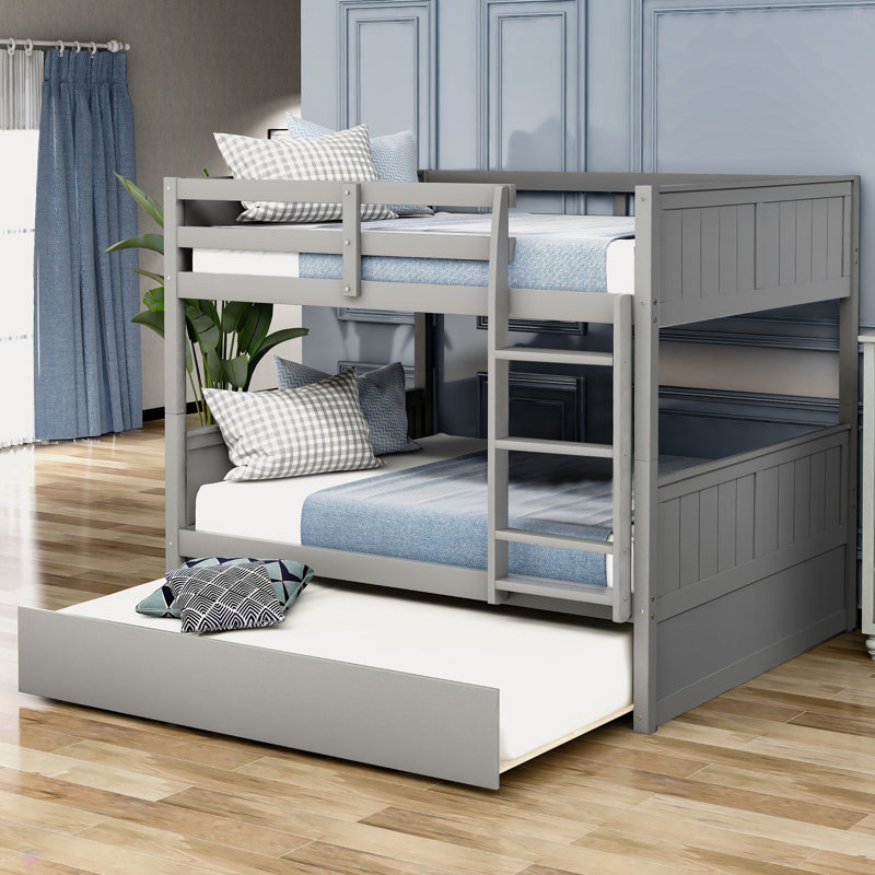 Lit superposé double au-dessus de double avec lit gigogne simple, gris
