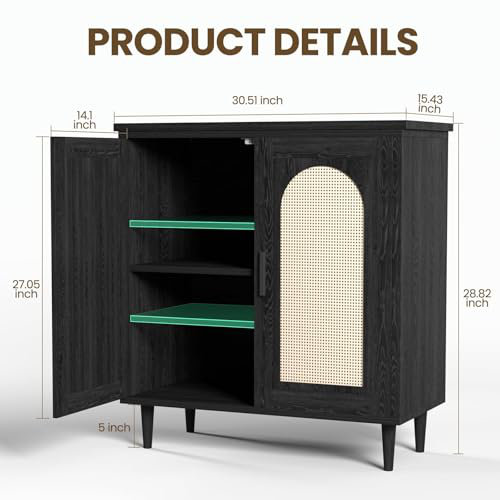Rattan Buffet Cabinet with Storage, Sideboard Cabinet with 2 Doors and Adjustable Shelves, Black