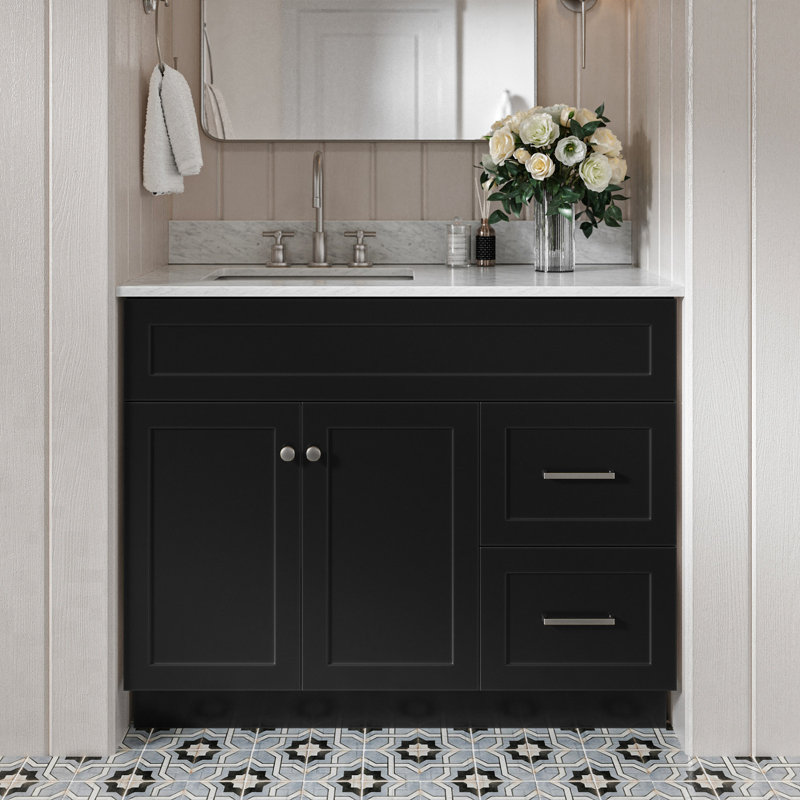 Partham 43'' Single Bathroom Vanity with Carrara Marble Top, Black