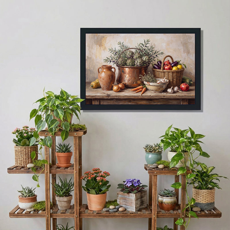 Nature morte des légumes et des fruits dans un pot en cuivre, tableau sur toile, H 16 po x l 24 po