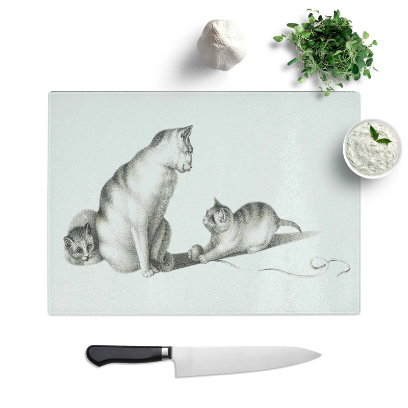 Tempered Glass Cat Playing with Kittens Chopping Board, 39 cm W x 28.5 cm L