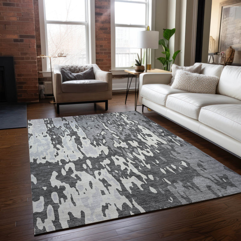 Gray Rectangular Machine-Washable Non-Slip Indoor/Outdoor Rug