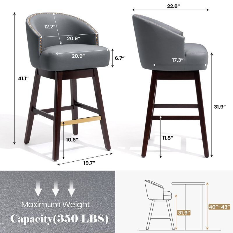 Swivel  31.9'' Faux Leather Bar Stool with Solid Wood Legs, Blue Gray, Blue Gray, Bar Stool ( 31.9" Seat Height)
