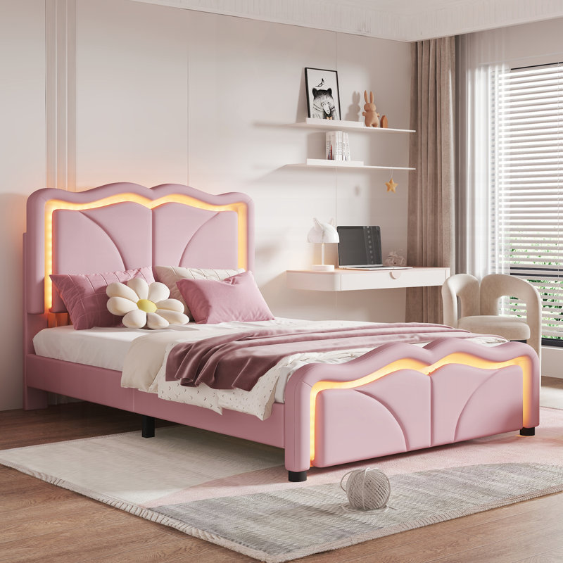 Lit plateforme simple tapissier avec tête de lit courbée et à hauteur ajustable, bandes lumineuses à DEL, rose, Simple