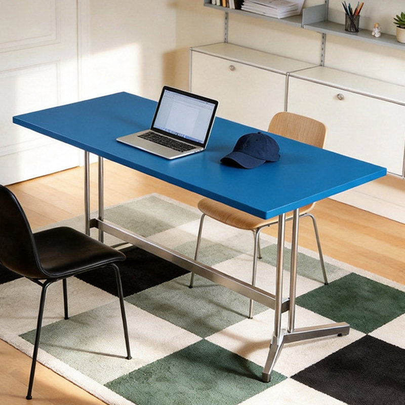 Bureau bleu en bois massif multi-couches en acier inoxydable, 29.52" H x 62.99" W x 31.49" D
