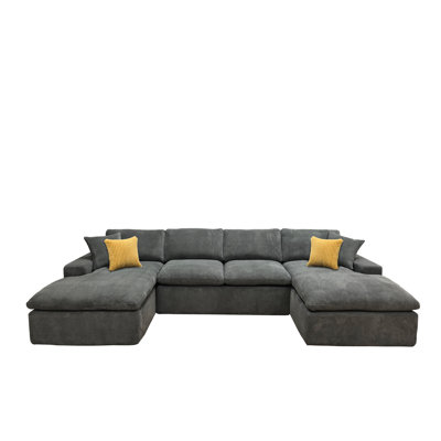 34.00×144.50×65.00 Inch Coffee Bean Textured Compressed Sectional Sofa, Side Pocket & Pillow Included, Upholstered Leisure Couch For Living Room Light Gray