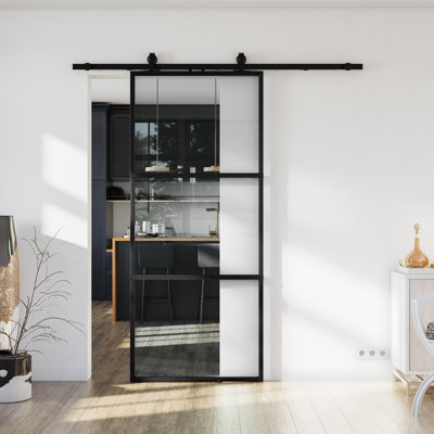 Metal and Glass Sliding Barn Door with Installation Hardware Kit ( Soft-close Included)