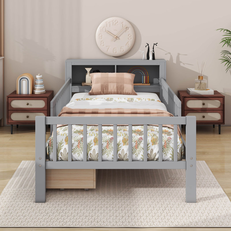 Lit simple avec support de tête de lit, deux tiroirs sous le lit, garde-corps à trois côtés, gris