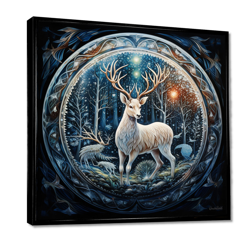 Cerf céleste avec des bois dans une forêt enchantée - art mural animal cerf, Toile avec cadre noir