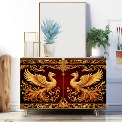 Narrow 35.4'' Wide Sideboard Buffet Cabinet - 2-Door Accent Storage Cabinet With Chinese dragon very artistic combination motifs Print And Metal Legs