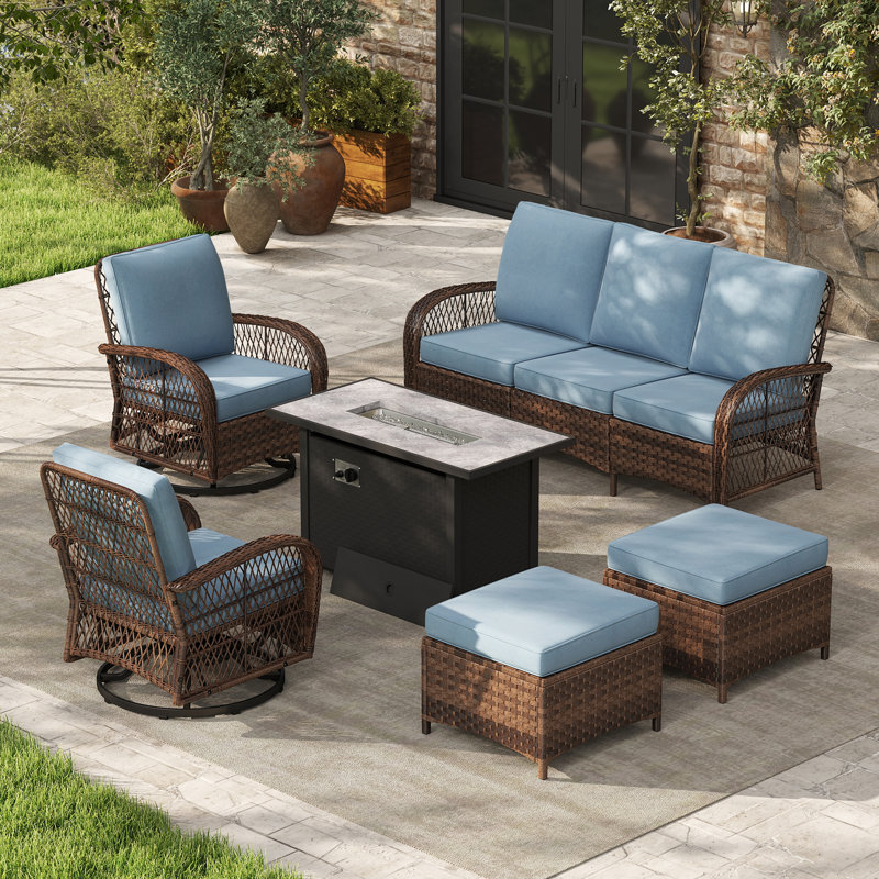 Ensemble de conversation pour patio pour 5 personnes en osier toutes saisons avec table de feu, Oui, Blue