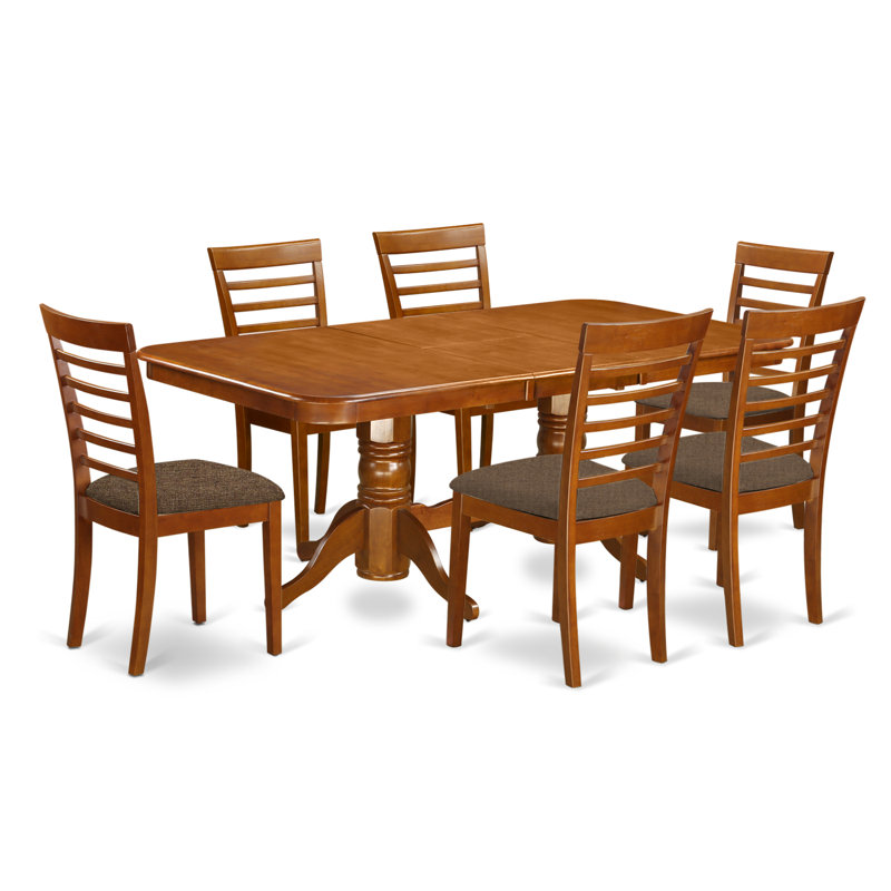 7 Piece Dining Room Furniture Set Consist of a Rectangle Kitchen Table with Butterfly Leaf and 6 Linen Fabric Upholstered Chairs, Saddle Brown