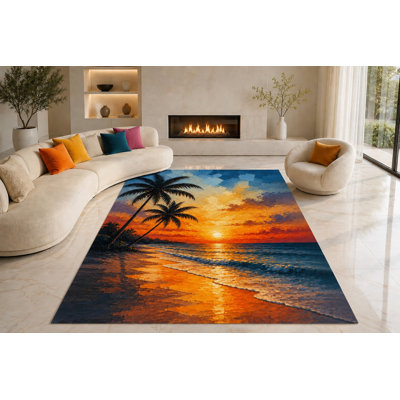 Tapis tropical Palm Glow « ultra léger » de 201 x 300 cm (6'7" x 9'10") pour salon, chambre et bureau, doux et à poils courts avec envers antidérapant en silicone, orange et bleu