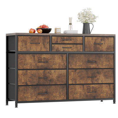 Meuble télé large avec 10 tiroirs, commode en acier avec plateau en bois