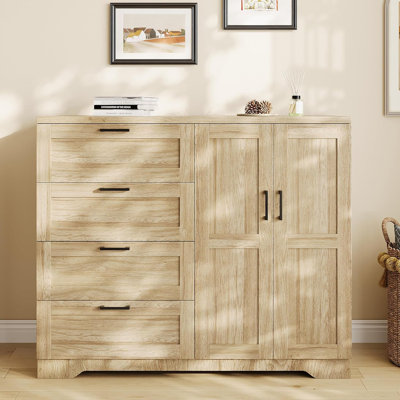 Natural Oak Wardrobe Armoire with 4 Drawers & Hanging Rod, 43.3in
