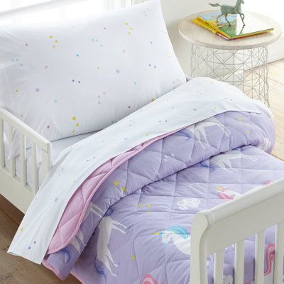 Lit pour tout-petits 4 pièces Wildkin dans un sac - Édredon en coton, draps et taie d'oreiller pour douillettes douillettes - Licorne 