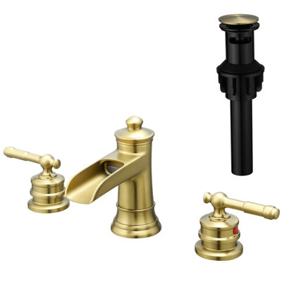 8 Inch Widespread Basin Mixer Tap In Brushed Gold, Bathroom Sink Faucet With Pop Up Drain, 3 Hole, Double Lever Handle, Ceramic Cartridge, Side , Deck-Mounted Widespread, Hole Installation