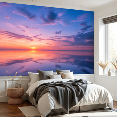 Papier peint adhésif peler et coller Misty Lilac Seascape Pink Clouds Autocollant amovible papier contact mural pour le salon Chambre à coucher H 69 po x l 96 po