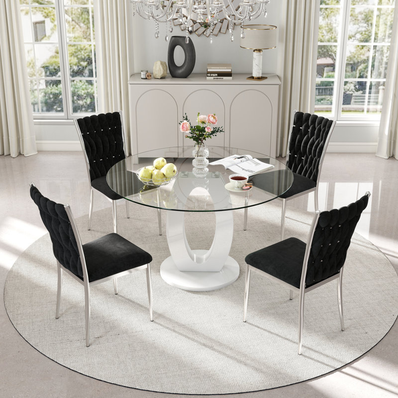 Ensemble de table de salle à manger haute brillance ronde en verre trempé, 5, Noir, Blanc