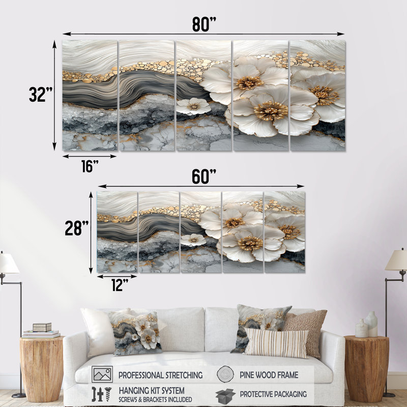 Lawrie - coquelicots - art mural traditionnel pour le salon, 5 pièces, H 32 po x l 80 po