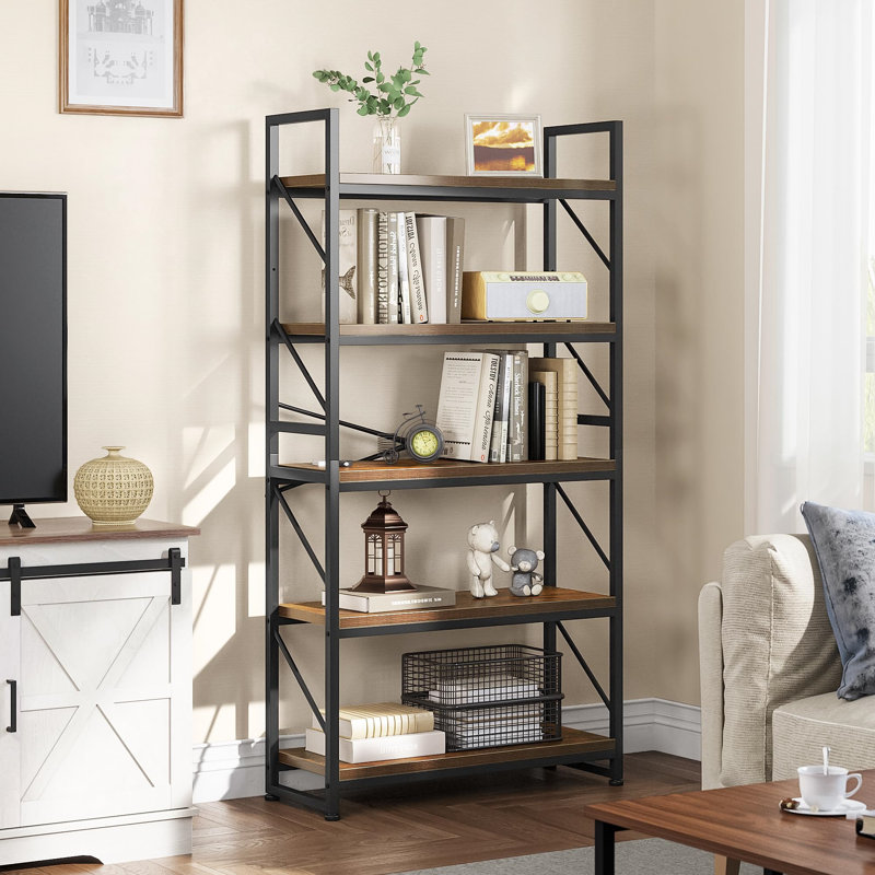 Moriann 158cm H x 80cm W Metal Etagere Bookcase, Black/Beige