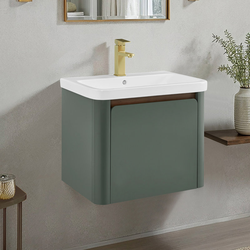 Meuble-lavabo simple flottant et mural 24 po Barkley en vert rétro avec lavabo et comptoir intégrés en céramique