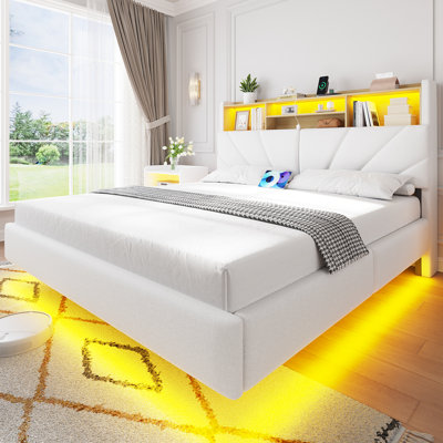 Floating Bed Frame with Charging Station, LED Lights and Upholstered Headboard for Bedroom, Modern Floating Beds with Hidden Storage Compartment, No Box Spring Needed