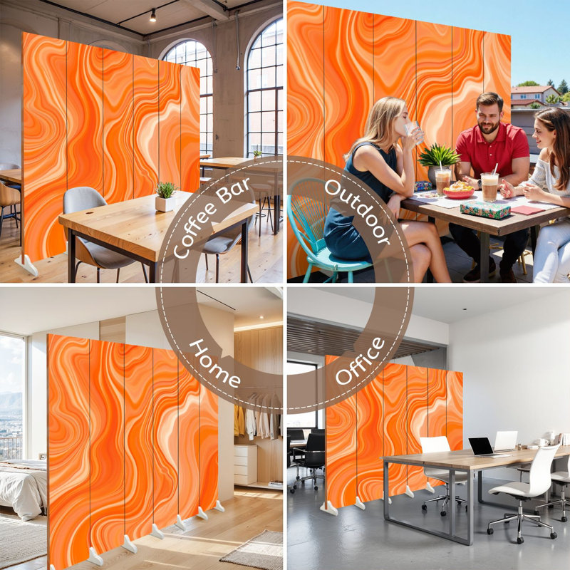 Cloison pliante 6 panneaux paravent en marbre fluide abstrait orange royal, 6, 71" H x 96" W x 1" D