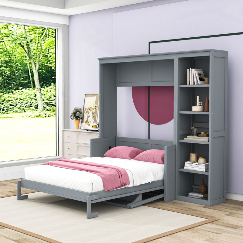 Lit escamotable avec bureau intégré et tablettes de rangement, tête de lit, Gris, Double