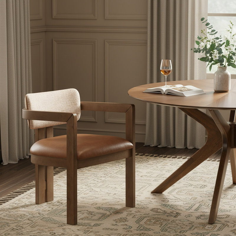 Chaise rembourrée Ravina, Cuir cognac végétalien, Teint en brun
