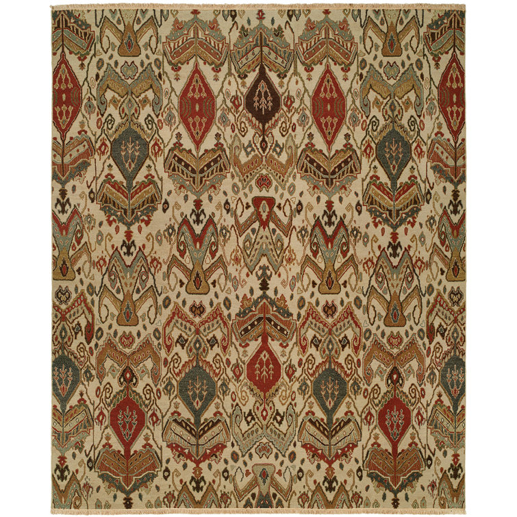 Tapis ivoire / rouge en laine tissé à plat à la main Ikat