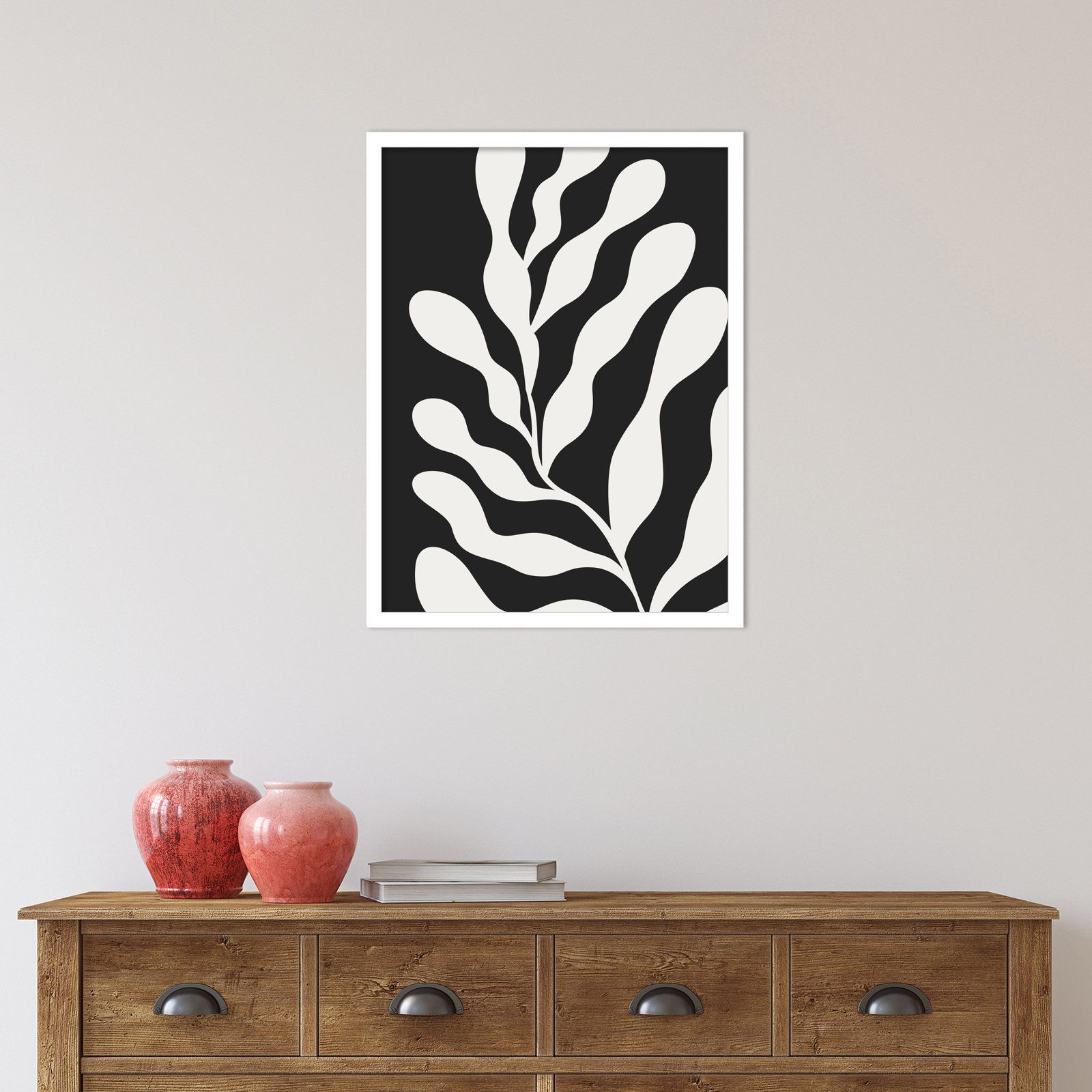 Retro Matisse Inspired Abstract Botanical 3 Black, White, 25" H x 19" W x 1" D
