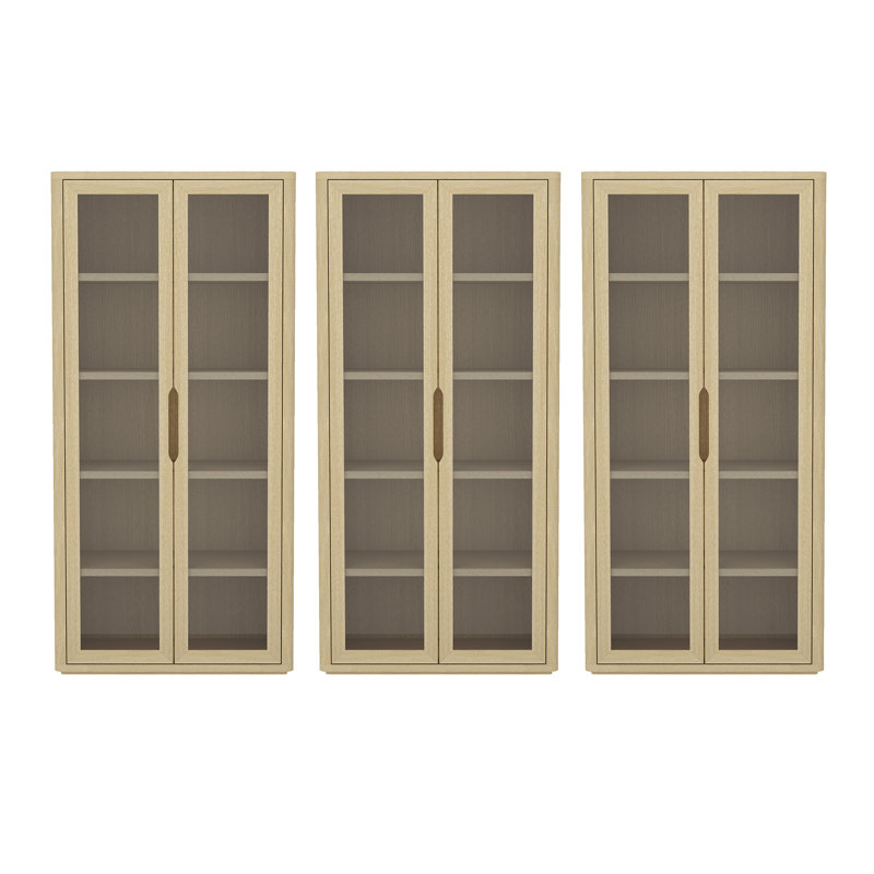 Bibliothèque moderne à 5 tablettes H 79 po x l 38 po avec portes en verre Rivington, Chêne naturel