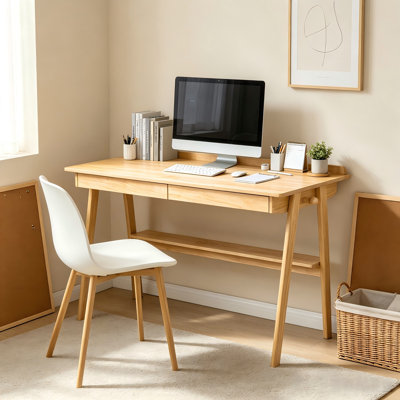 Mid Century Modern Solid Wood Writing Desk with Drawers, Storage Shelf & Side Hooks,Natural