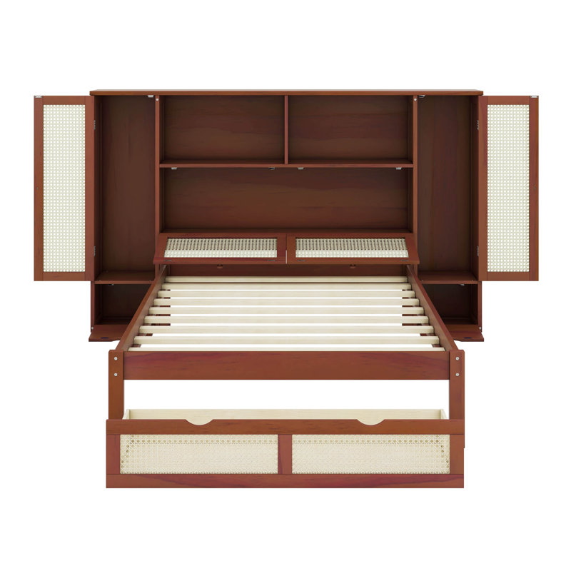 Multi-Functional Rattan Twin Size Bed With Storage Lockers And Drawer, Walnut