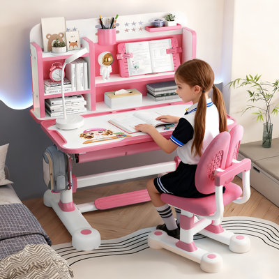 Small Desk,Kids Study Desk Chair Set, Height Adjustable School Study Table Chair (Pink)