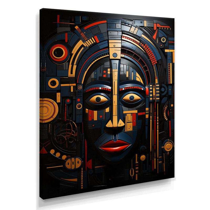 Indigène tribal masque jaune bleu - masque africain, Toile tendue, H 32 po x l 16 po x P 1 po