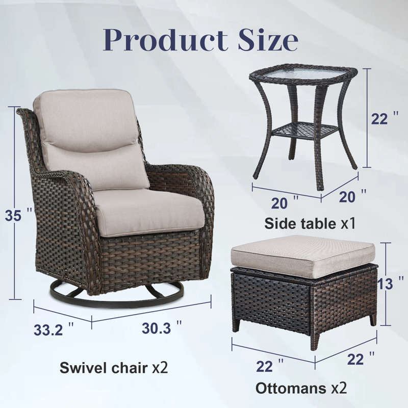 Ensemble de conversation d'extérieur 5 pièces Koba - Chaises berçantes pivotantes avec repose-pieds et table d'appoint, Brun