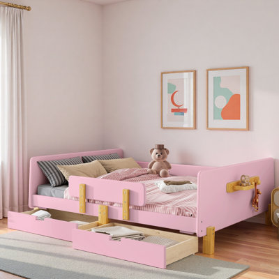 Platform Bed With Storage Drawers, Guardrail, Small Shelf And Hooks